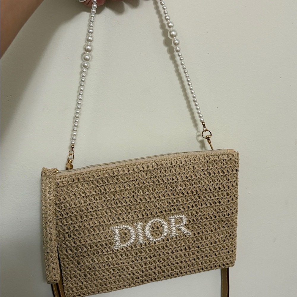 Dior Straw Clutch with Pearl Chain and Brown Trim - Picture 2 of 6